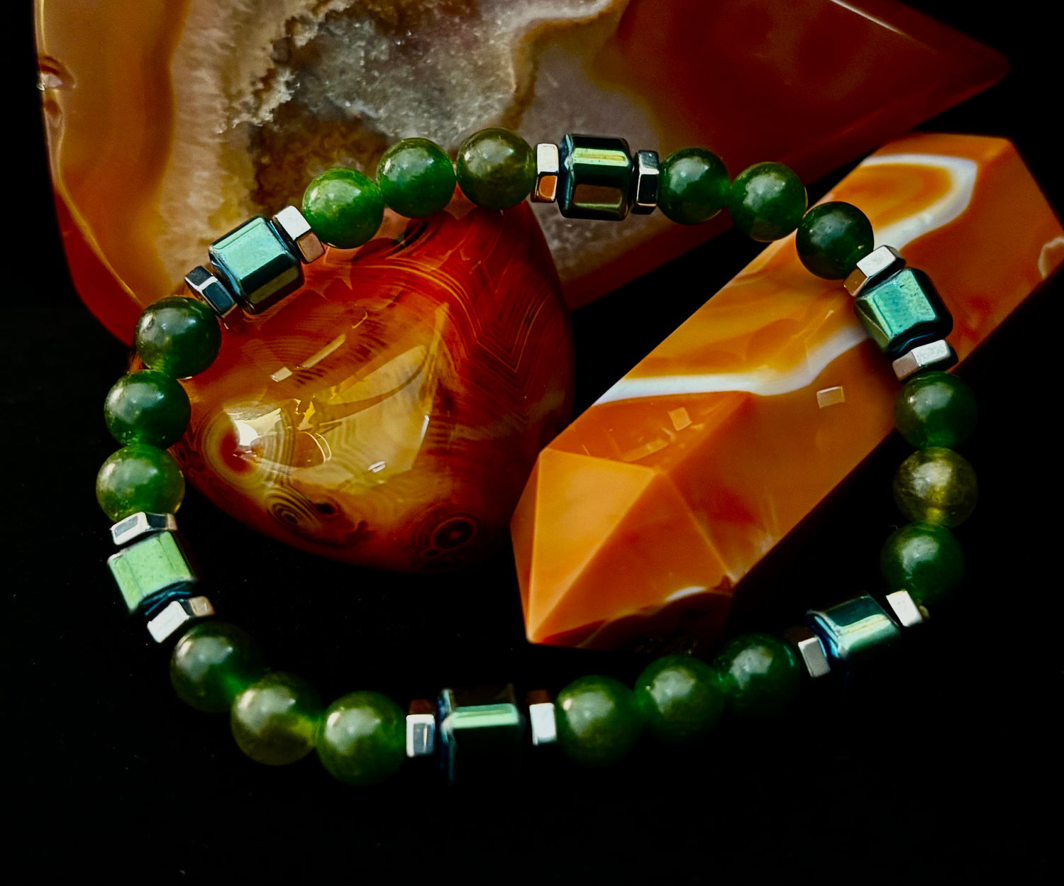 Green Moss Agate Healing Bracelet with Hematite Accents - Large Wrists