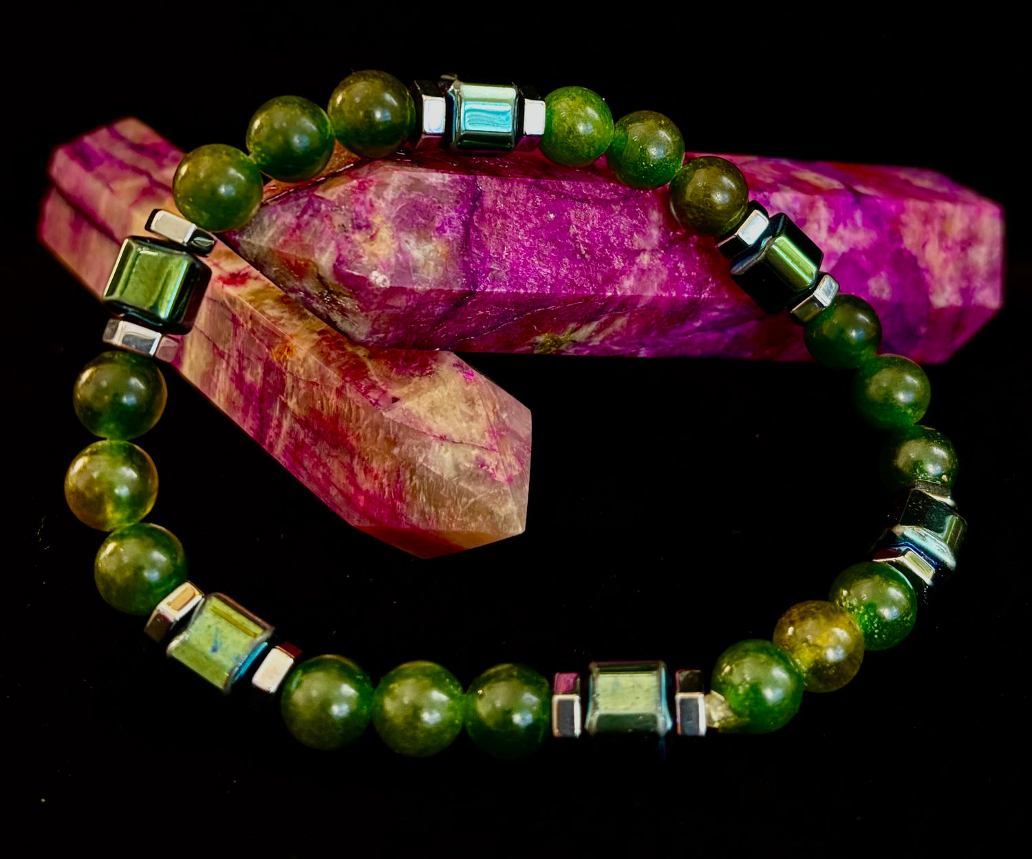 Green Moss Agate Healing Bracelet with Hematite Accents - Large Wrists