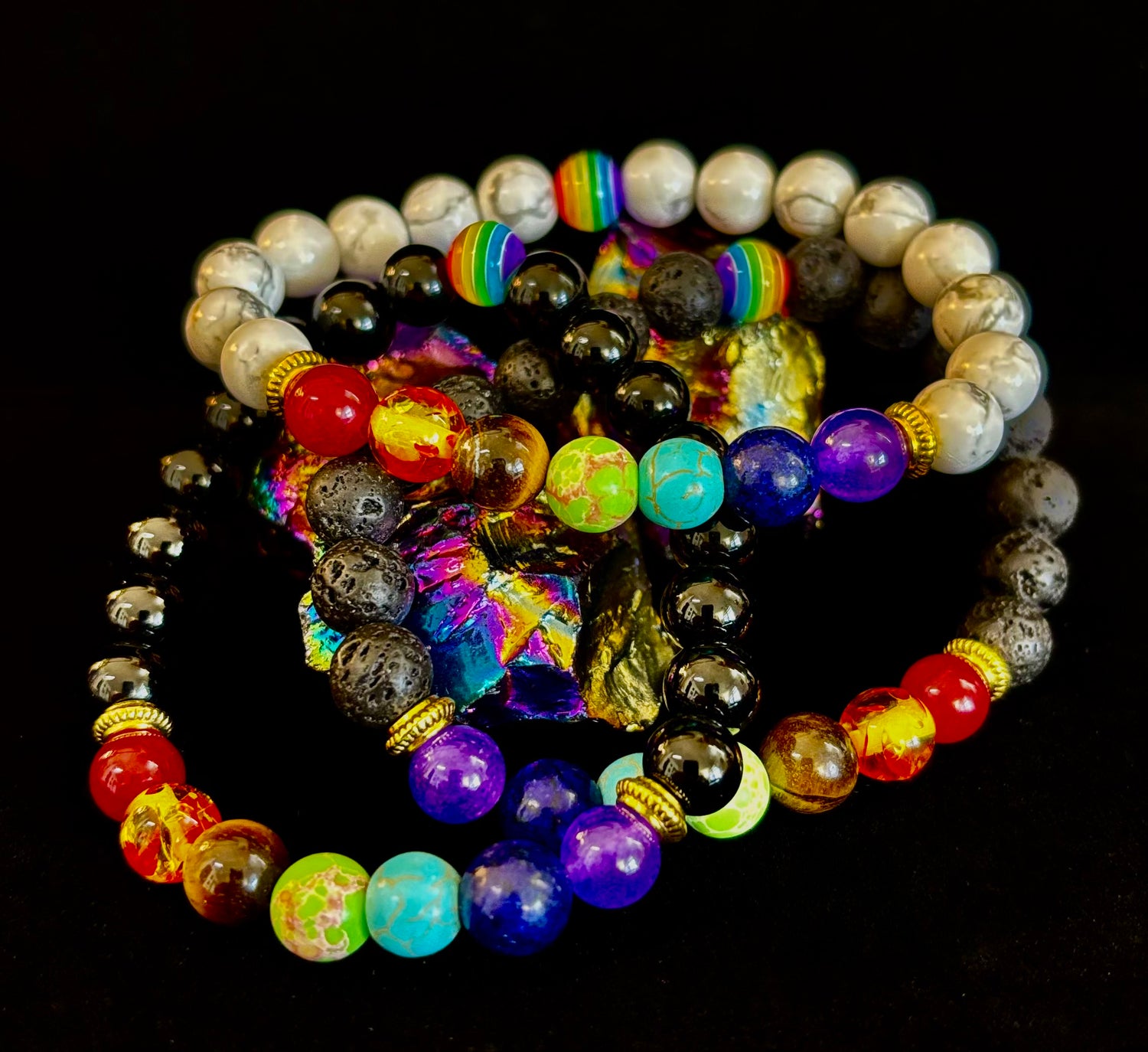 🌈 Faux Stone Chakra Bracelets with LGBTQ Pride Bead – White, Black, or Lava Rock