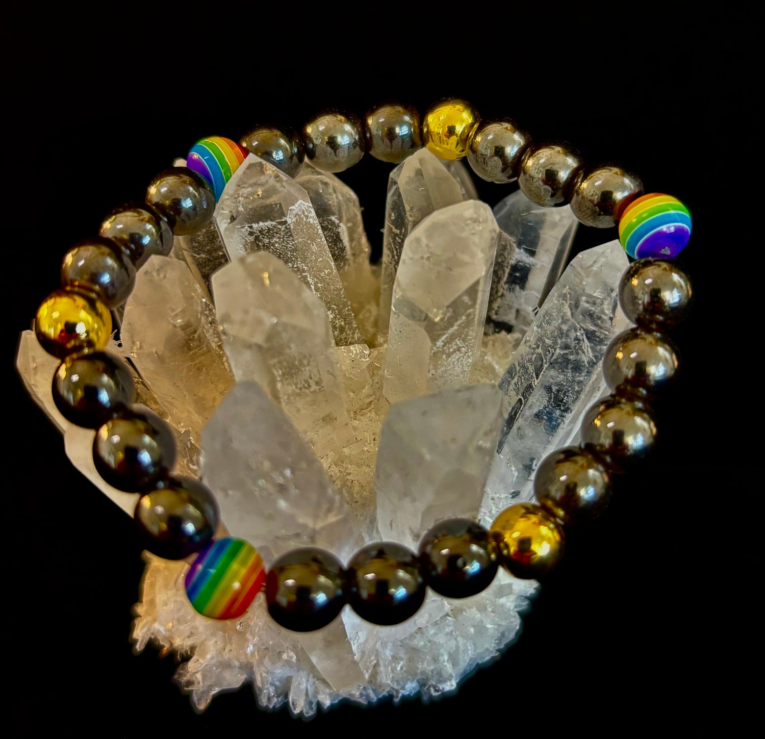 LGBTQ+ Pride Black Stone Beaded Bracelet – For Every Identity | 8mm Rainbow Stripe Beads | Gold or Rose Gold Accent Bracelet