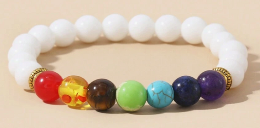 7 Chakra Energy Healing Bracelet – White Beads – Small to Medium Wrists