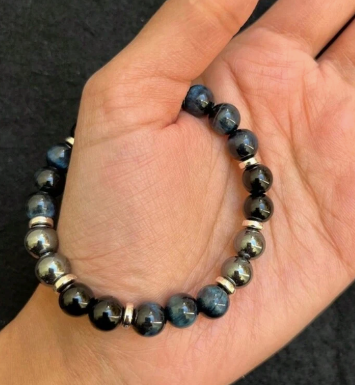 Blue Tiger Eye, Hematite & Onyx Healing Bracelet – Anxiety Relief & Confidence Boost