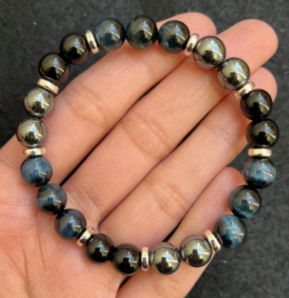 Blue Tiger Eye, Hematite & Onyx Healing Bracelet – Anxiety Relief & Confidence Boost