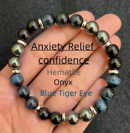 Blue Tiger Eye, Hematite & Onyx Healing Bracelet – Anxiety Relief & Confidence Boost