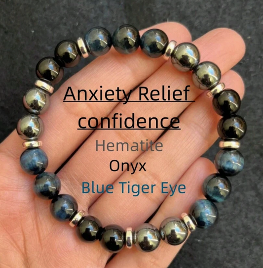 Blue Tiger Eye, Hematite & Onyx Healing Bracelet – Anxiety Relief & Confidence Boost