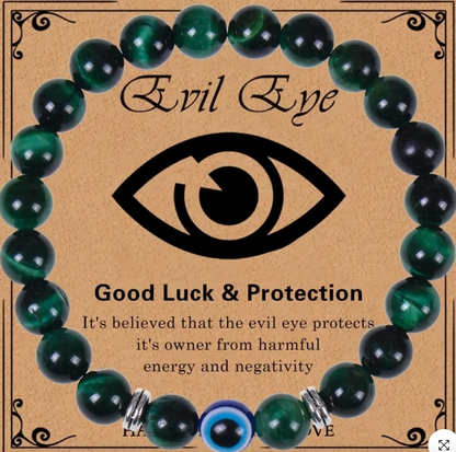 Evil Eye Tiger Eye Style Beaded Bracelet – Handmade Natural Stone Protection