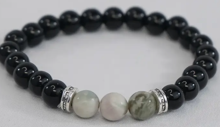 White-Gray Natural Stone Stretchy Unisex Bracelet – Medium Wrists