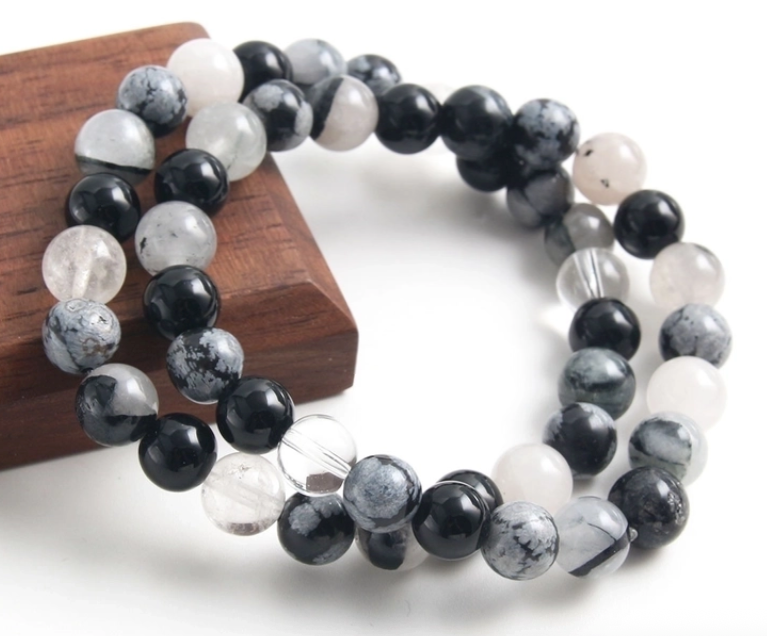 Grounded Power Bracelet – Black Onyx, Snowflake Obsidian, Moonstone & Clear Quartz (Reiki-Infused)