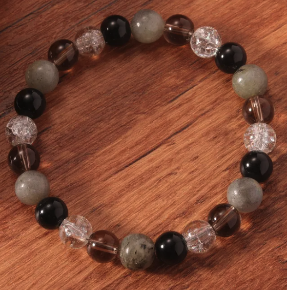 Stress Relief & Grounding Bracelet – Labradorite, Smoky Quartz, Black Obsidian & Clear Quartz (Small–Medium Wrists)