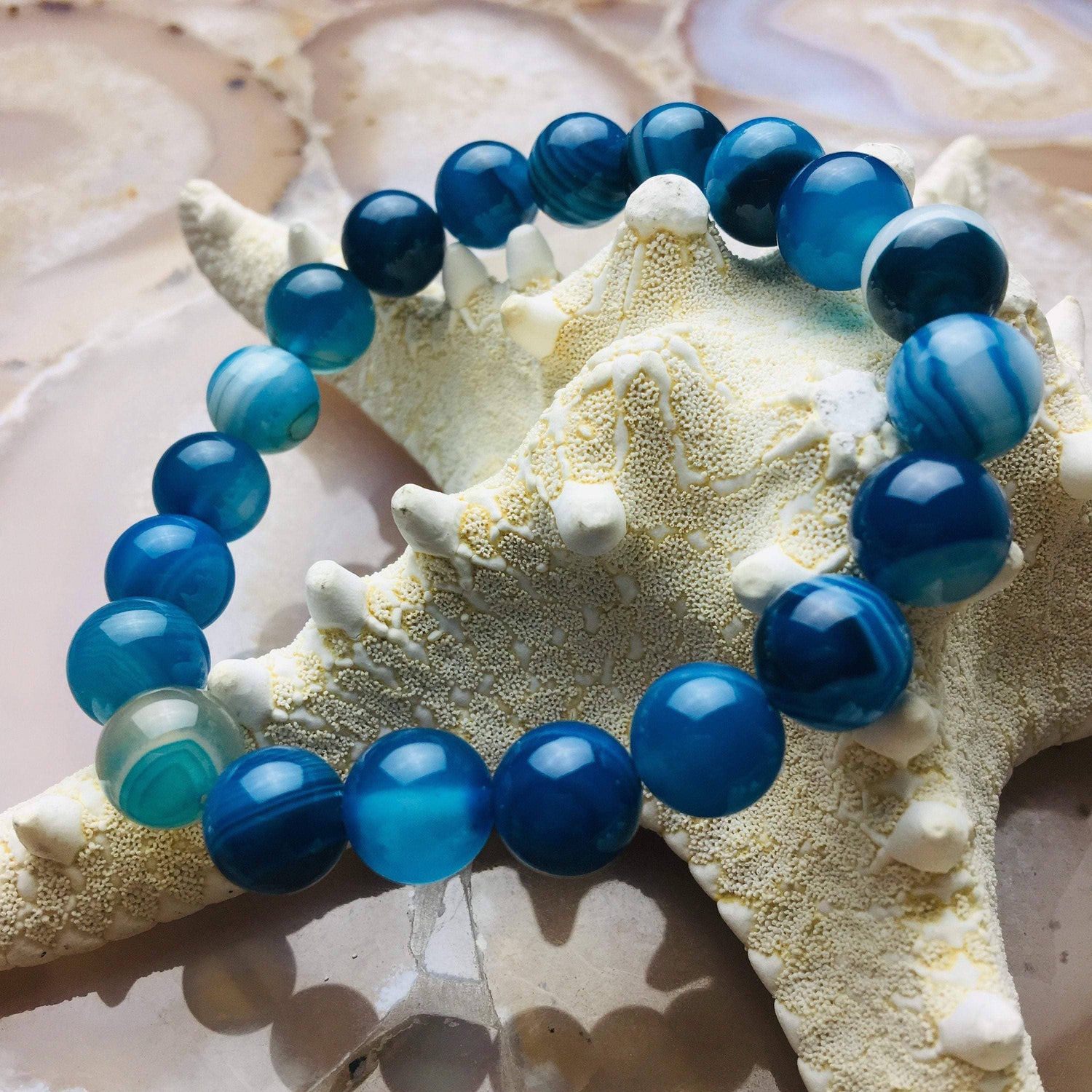 Blue Striped Agate 10mm Reiki-Infused Healing & Calm Bracelet (7.5” Medium Wrists)