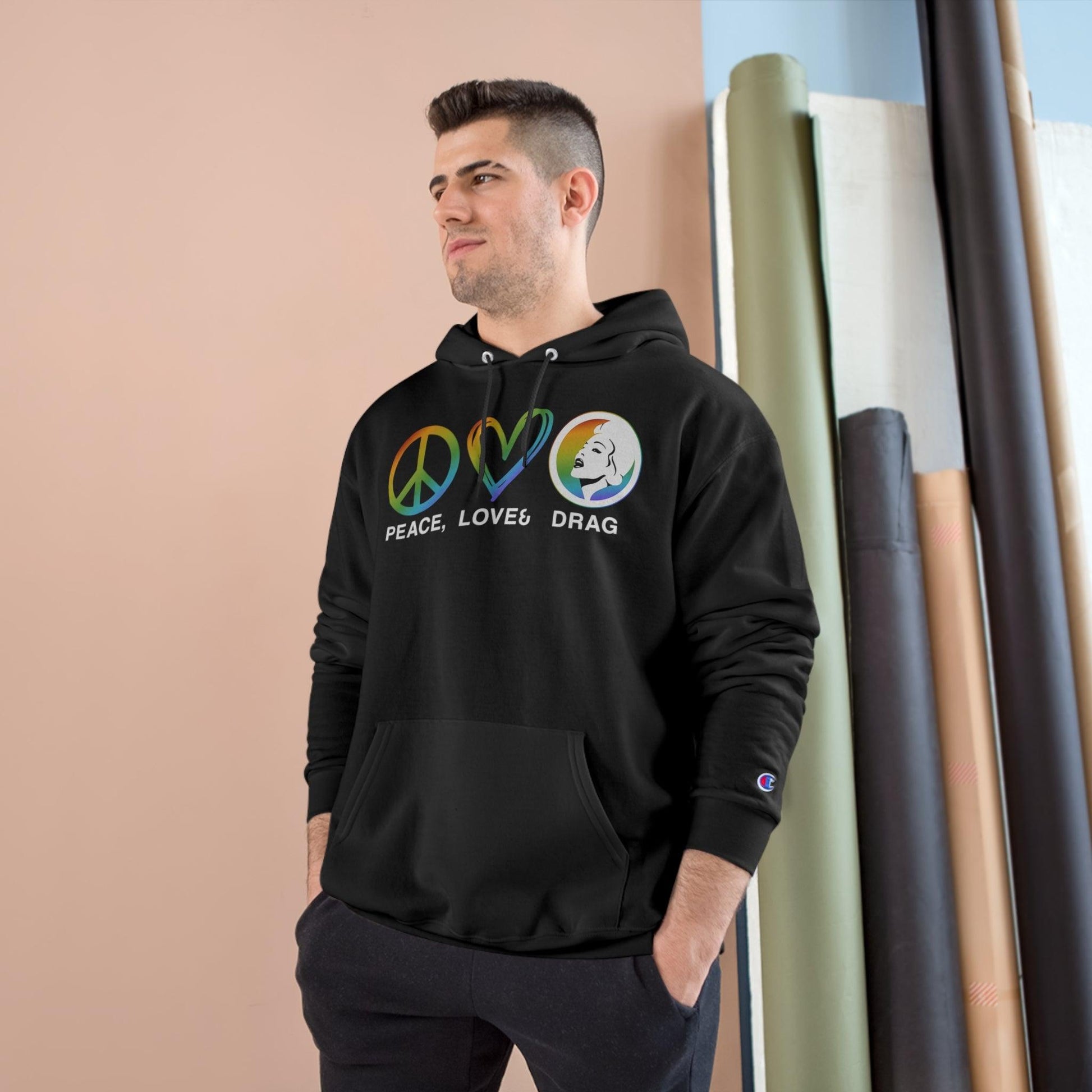 Peace, Love, and Drag - Champion Hoodie - Wicked Naughty Apparel